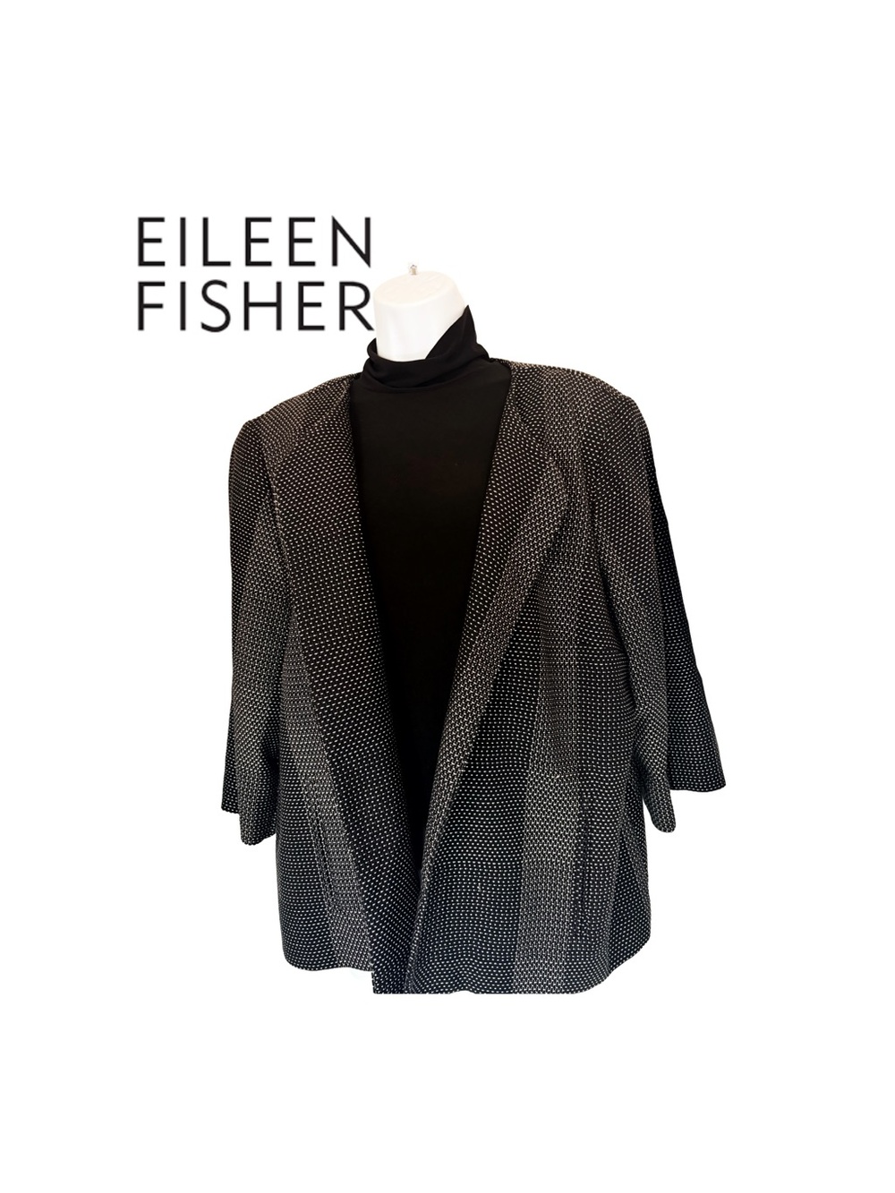 Eileen Fisher XL Kurume Dash Organic Cotton Open-Front Jacket Black White Dot